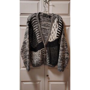 Street Scenes Vtg Patchwork Cable Knit Cardigan Sweater Gray Black Grunge Large